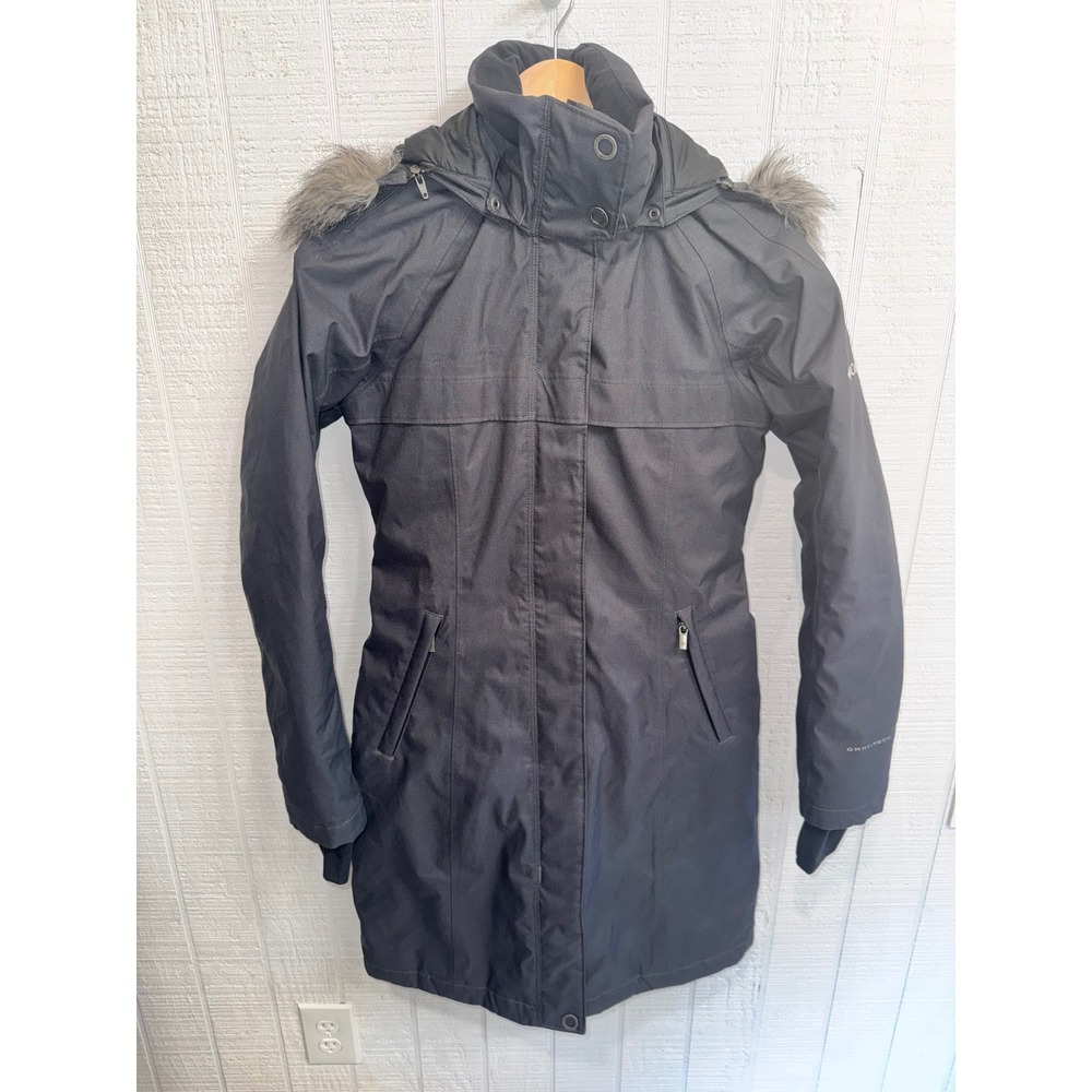 Columbia Parka Jacket Women Black Omni-Tech Faux Fur Hood Belted XS